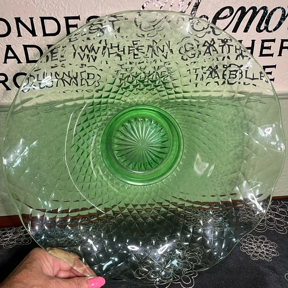 Vintage Emerald Green Diamond Point Art Glass Basket Bowl 12”